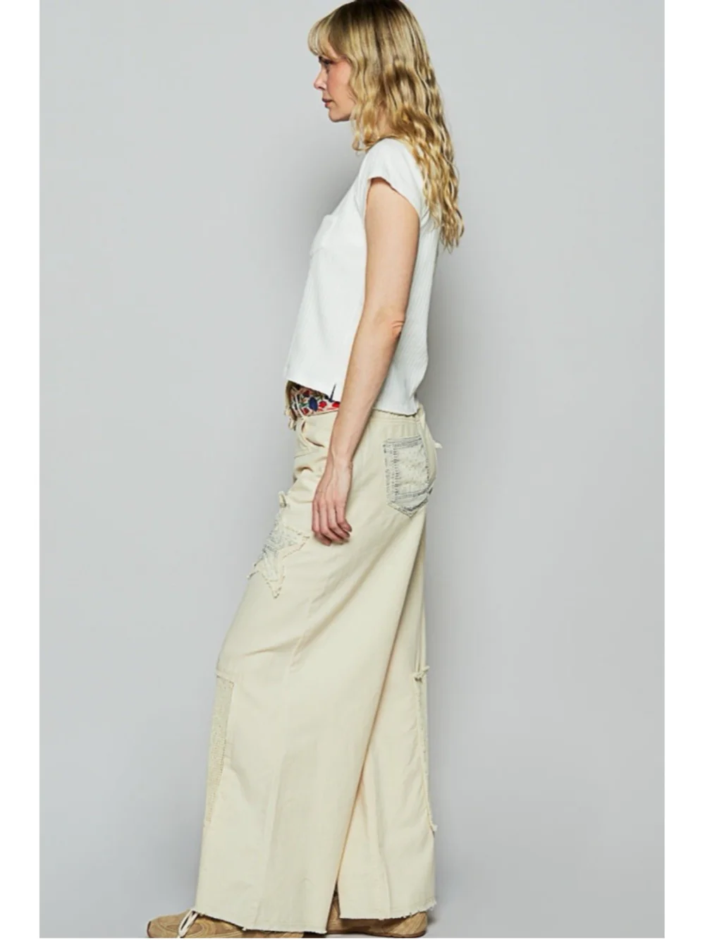POL Womens Denim & Twill Embroidered Patchwork Wide Leg Pants MED Cream Lace EUC - Picture 2 of 9